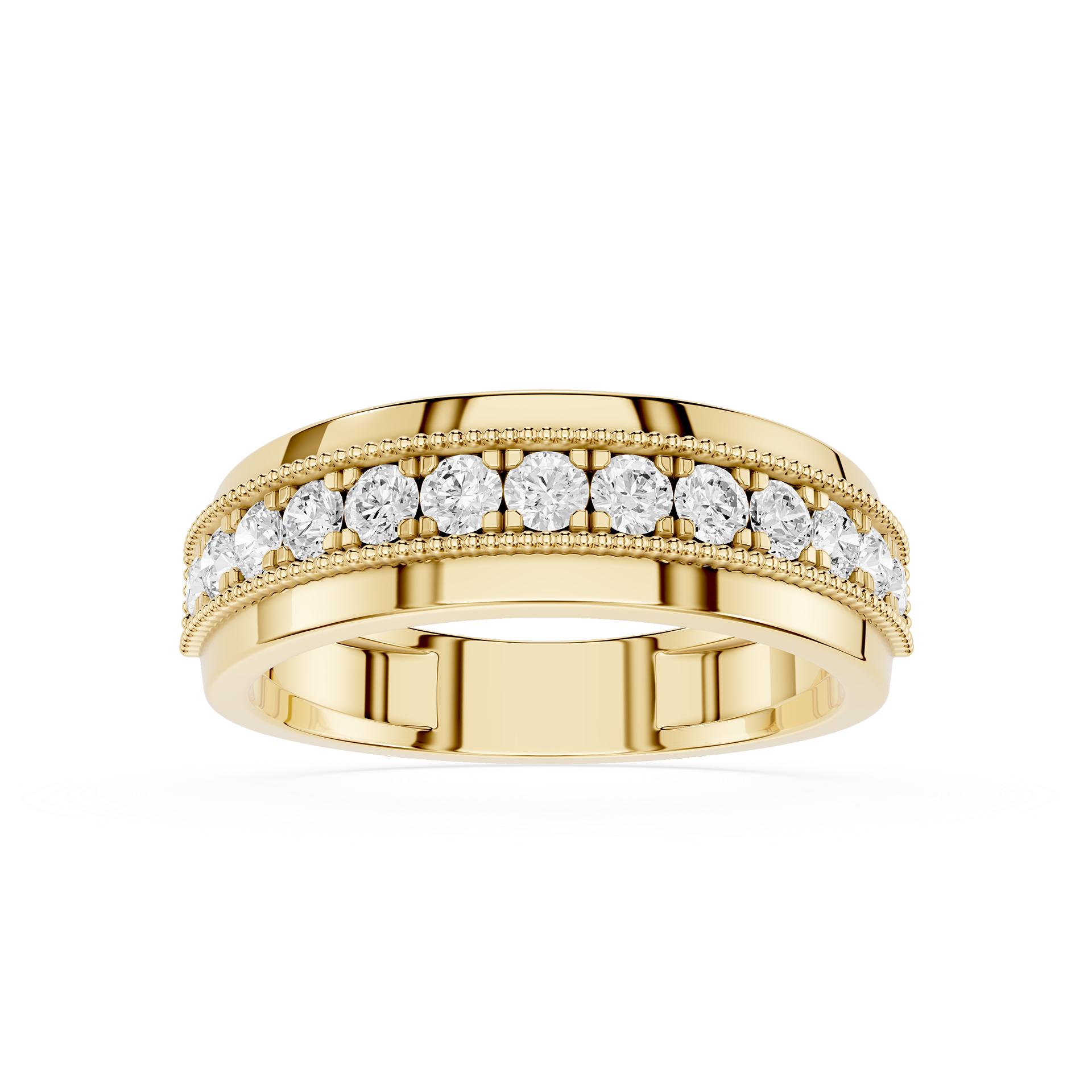 Gold ring with diamond accents on a white background
