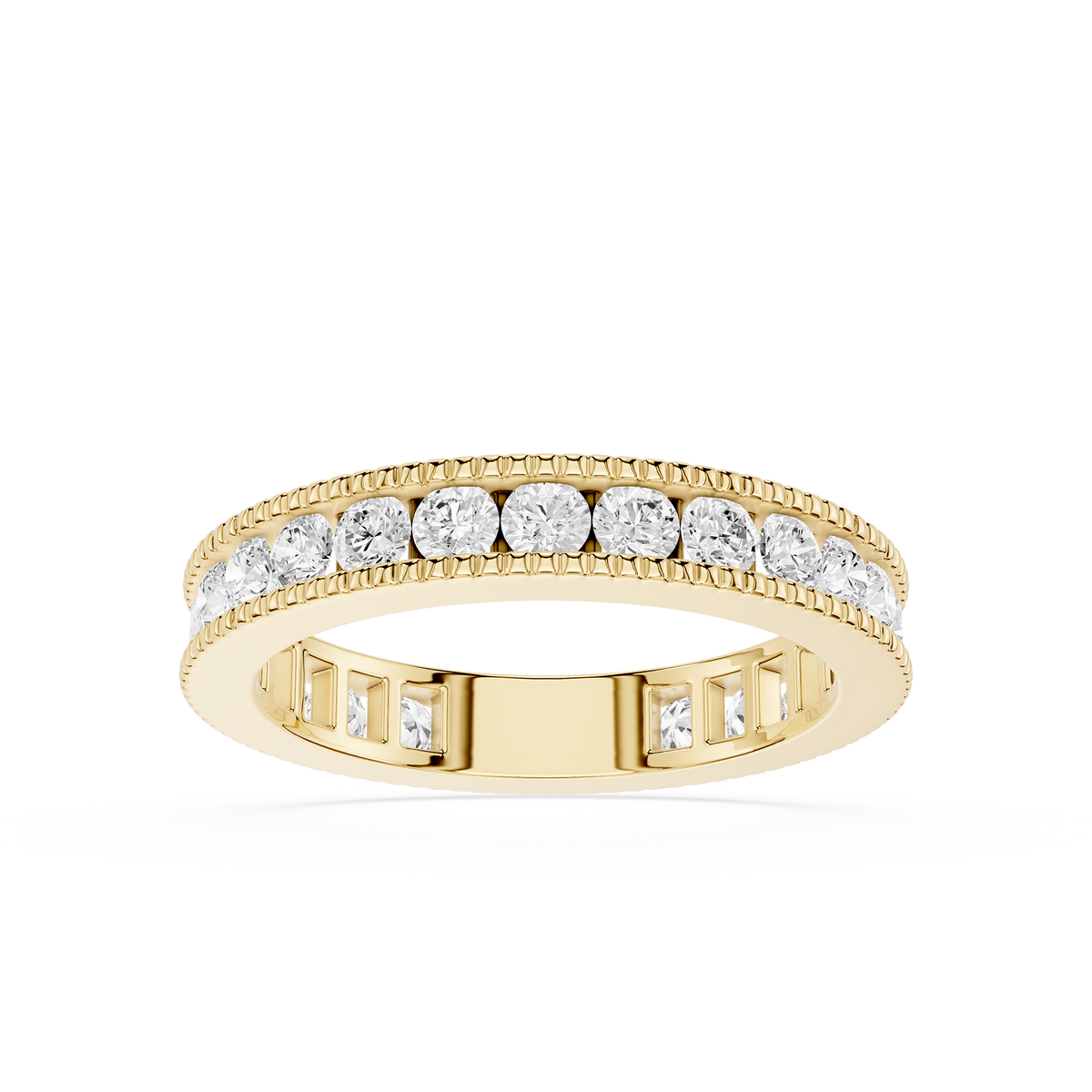 Round-cut lab-grown diamond 14KT yellow gold premium channel set band for her.