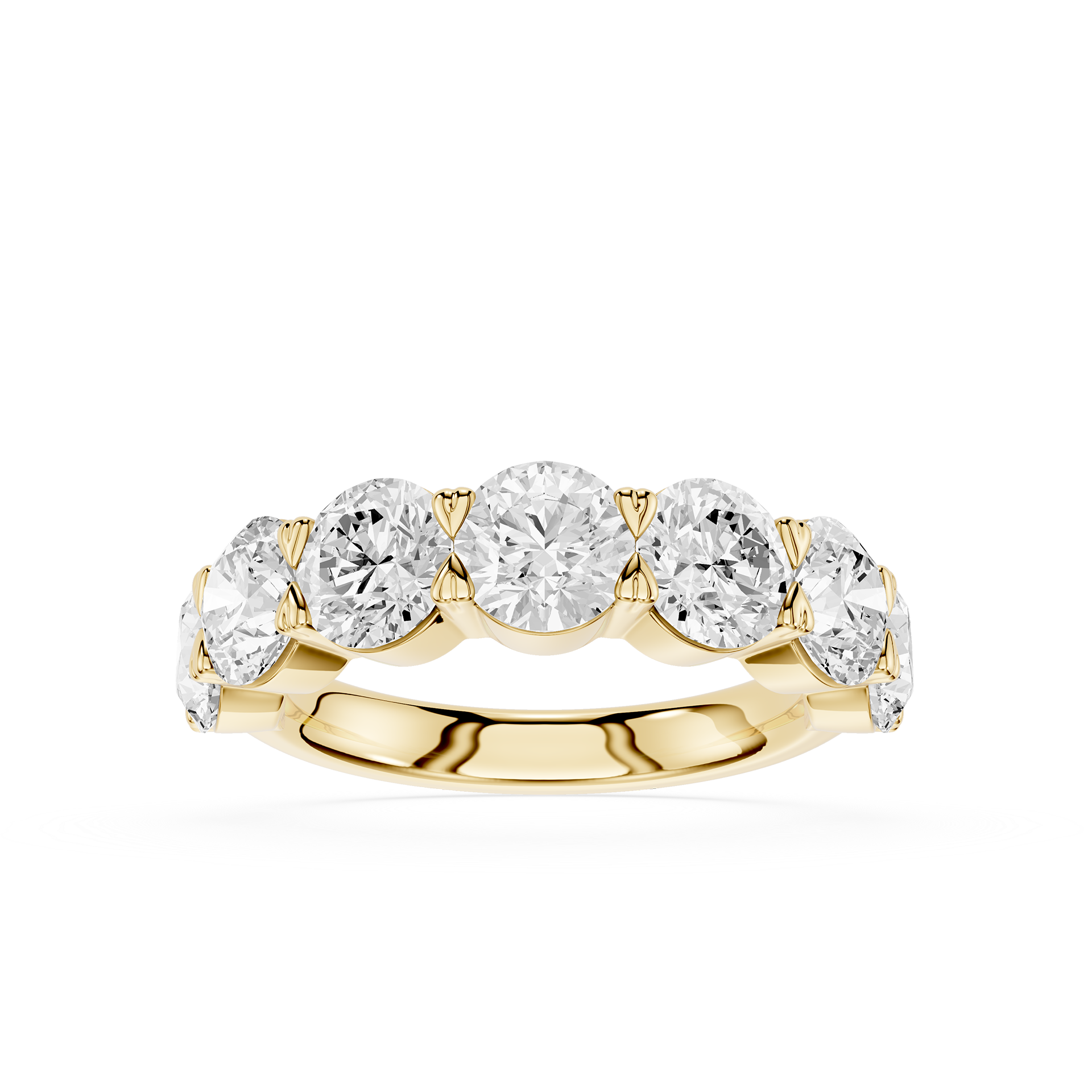 A yellow gold five-stone diamond ring with round brilliant-cut diamonds set in a row on a polished band, shown against a solid white background.