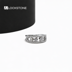Geometric diamond anniversary ring in yellow gold with circular diamond settings framed by two rows of small round stones