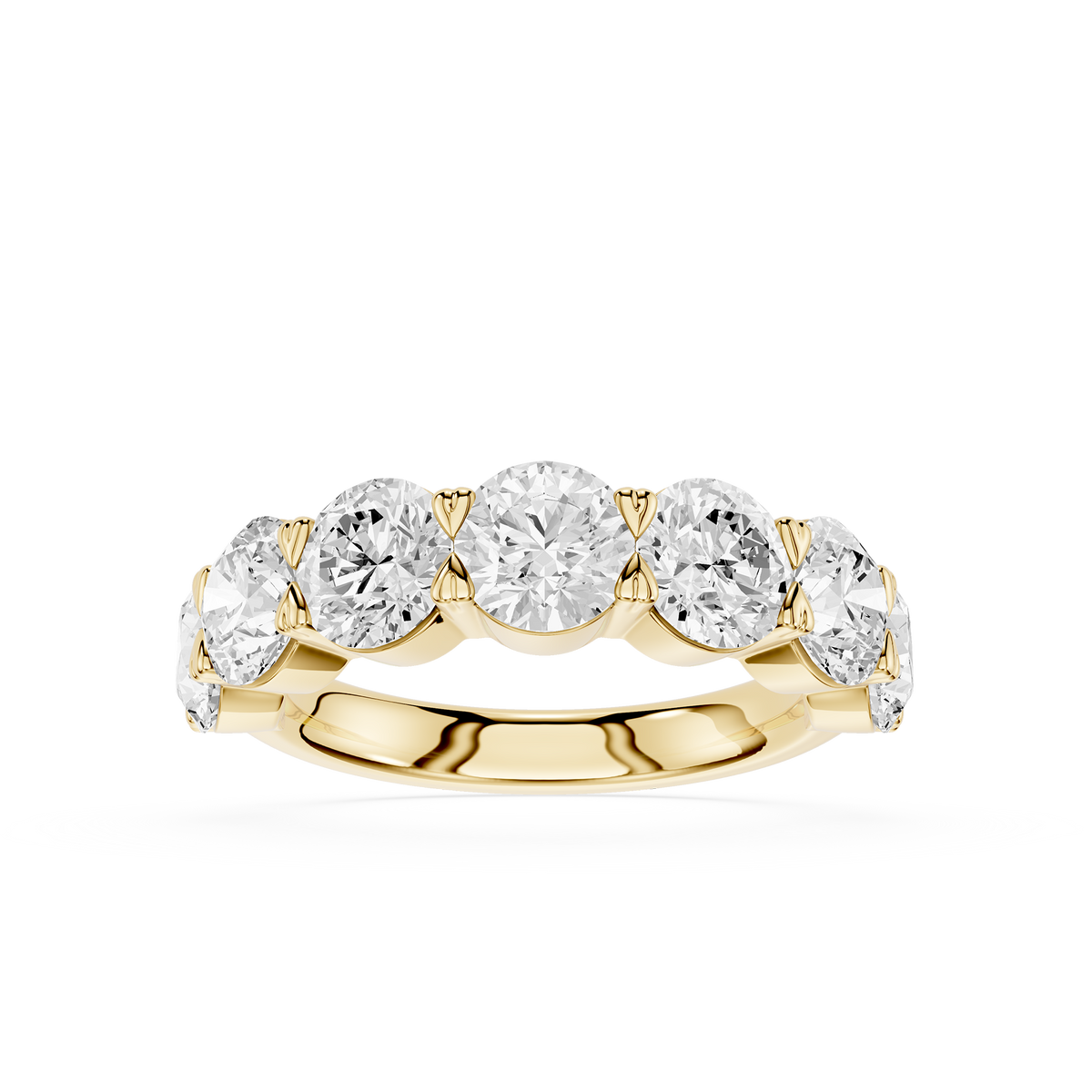 Front View of Yellow Gold Round Lab Grown Diamond Half Eternity Wedding Band with Shared Prong Setting and Polished Finish
