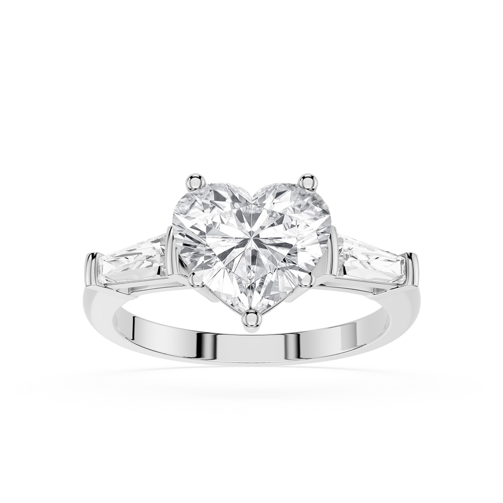 Heart-shaped diamond ring with two side stones on a white background