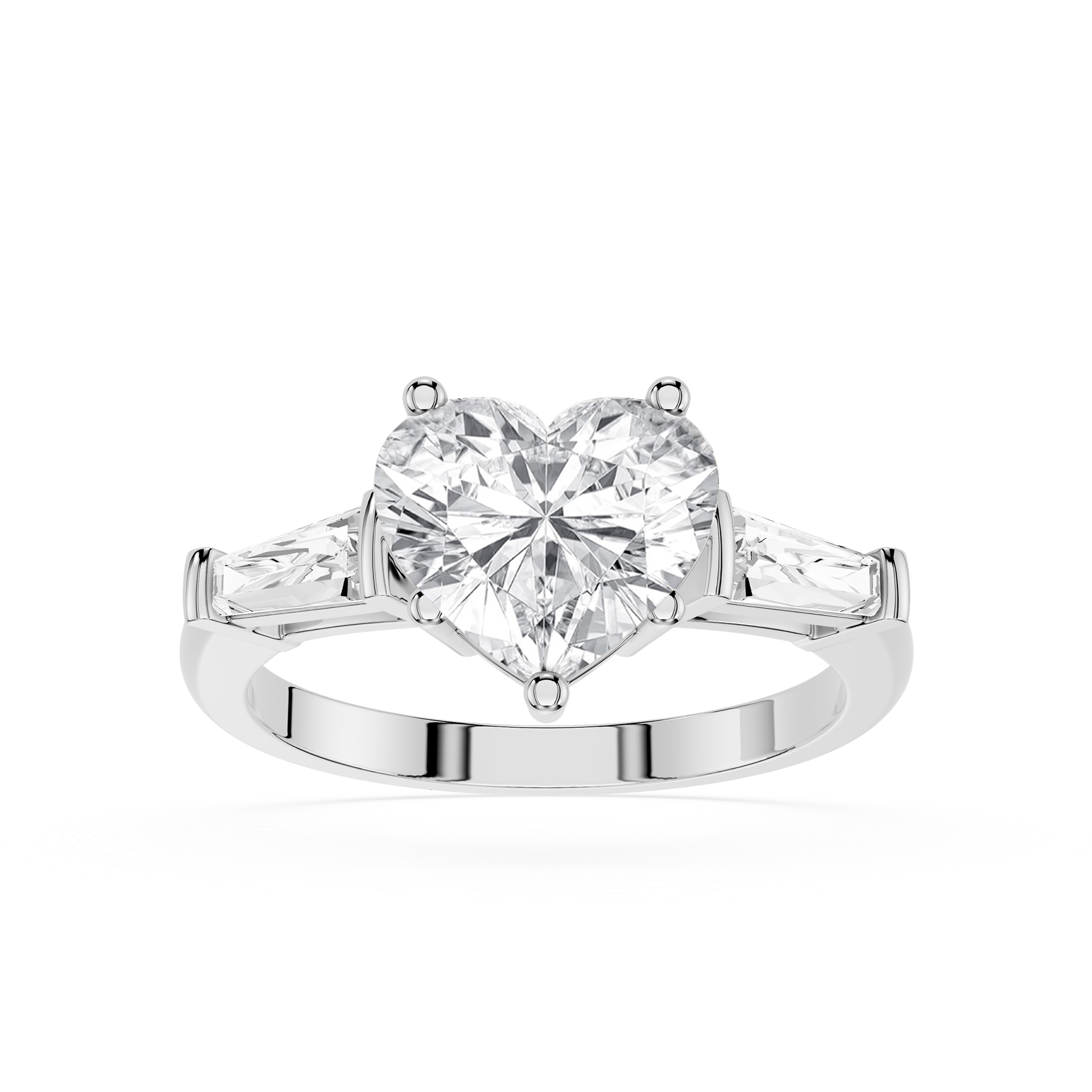 Heart-shaped diamond ring with two side stones on a white background