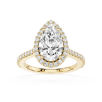 Gold ring with a pear-shaped diamond and smaller diamonds on a white background