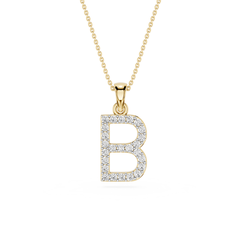Yellow Gold Round Cut Lab Grown Diamond Pave Letter B Initial Pendant