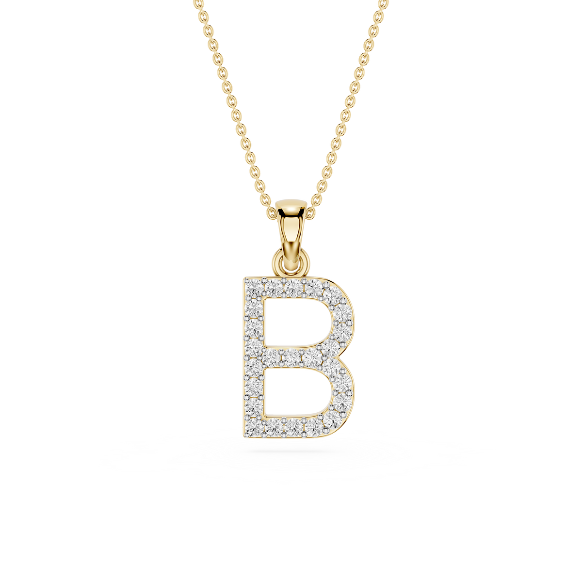 Yellow Gold Round Cut Lab Grown Diamond Pave Letter B Initial Pendant
