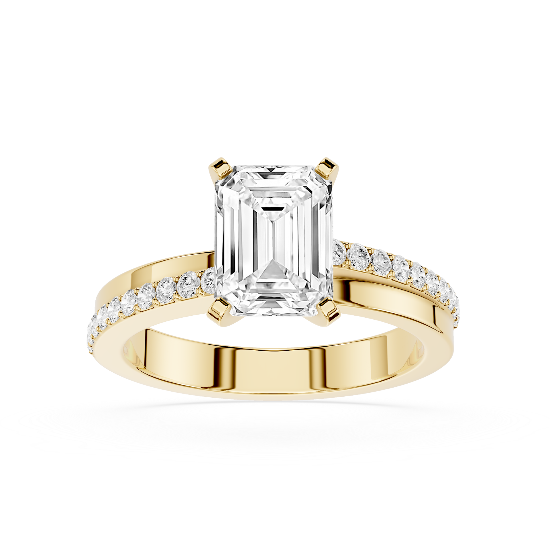 Gold ring with emerald-cut diamond and smaller diamonds on a white background