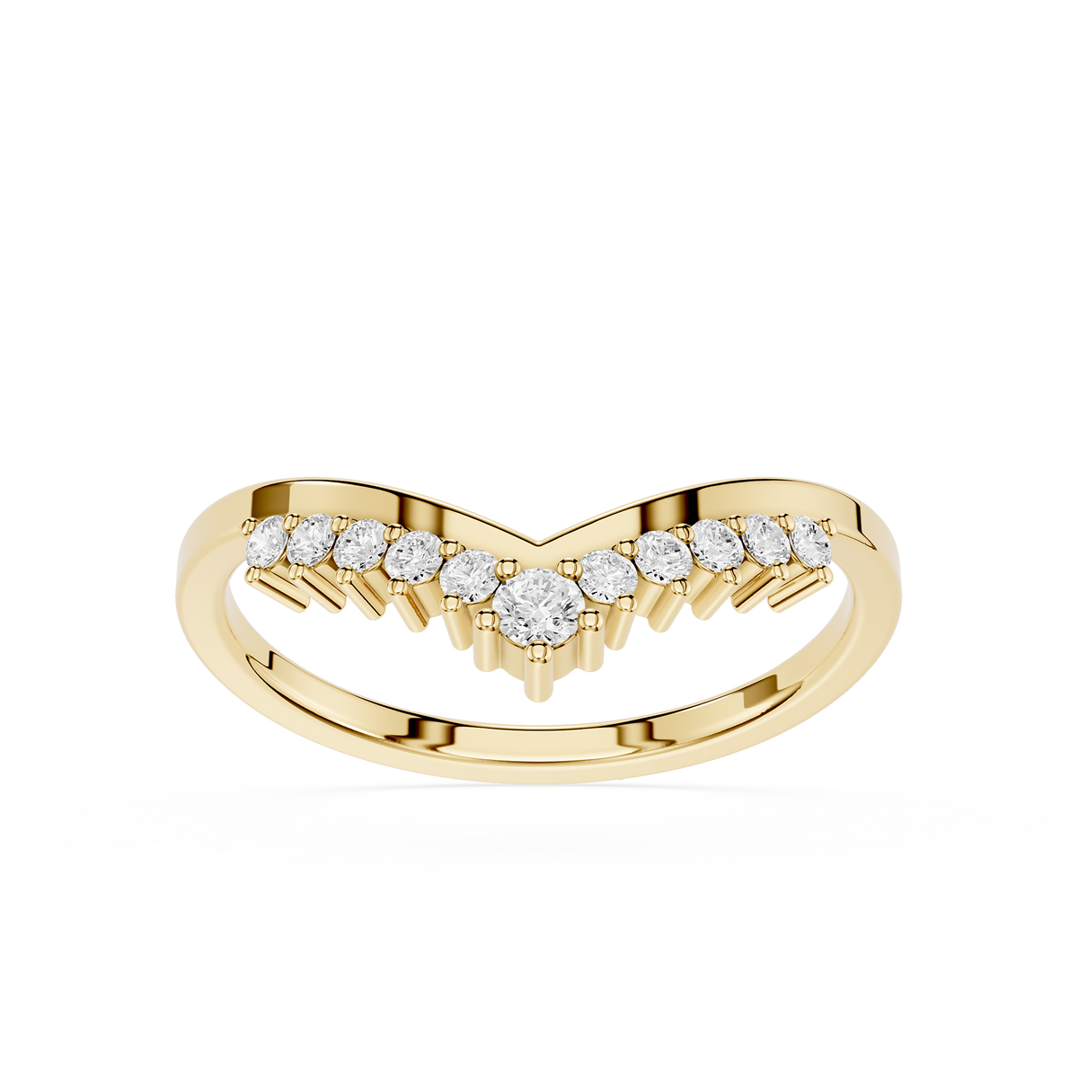 Front View Of Yellow Gold Graduated Chevron Lab Grown Diamond Wedding Band