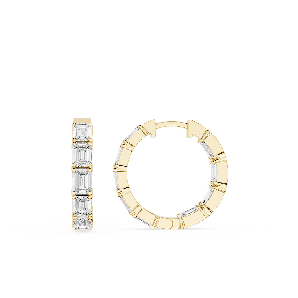 Gold hoop earrings with diamond accents on a white background
