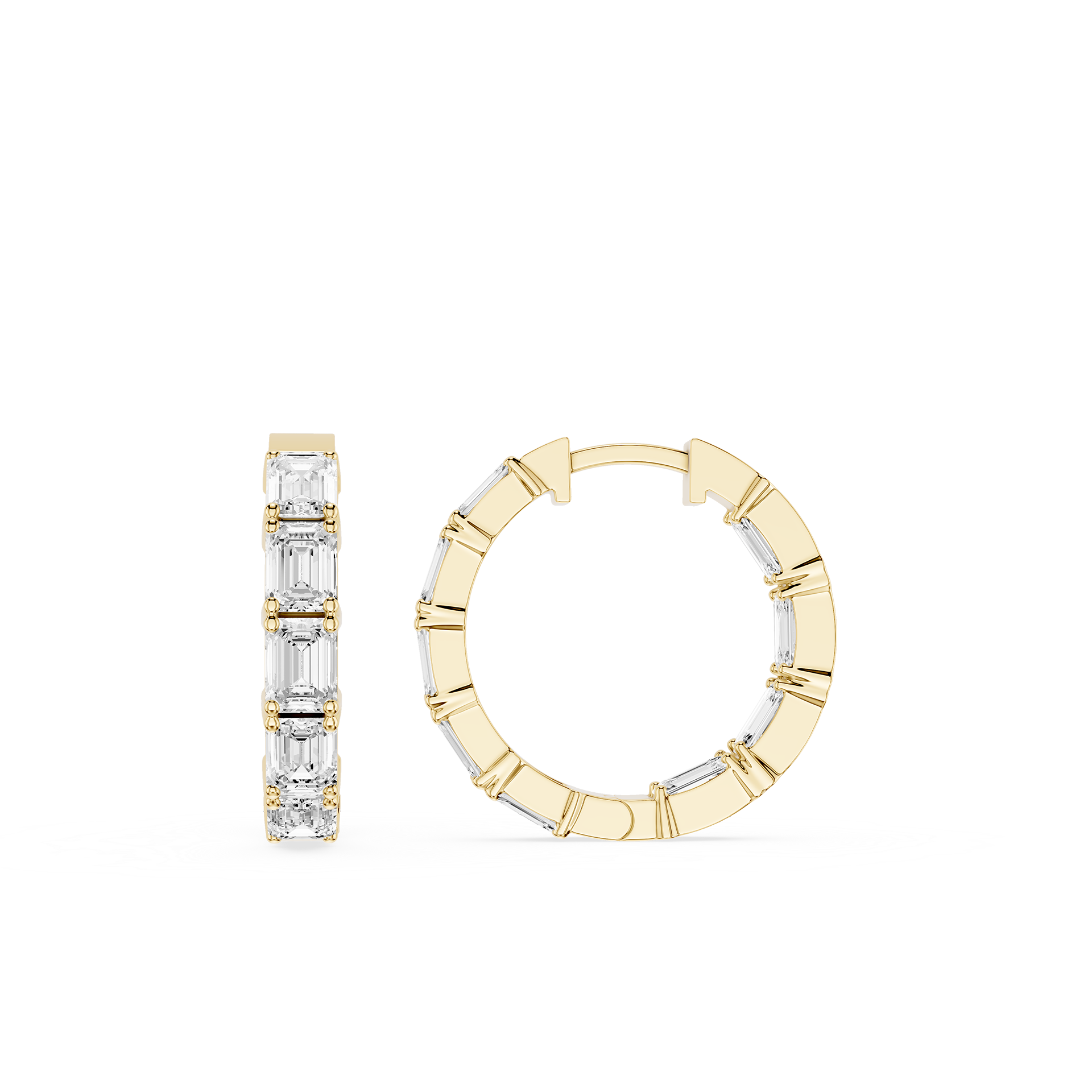 Gold hoop earrings with diamond accents on a white background