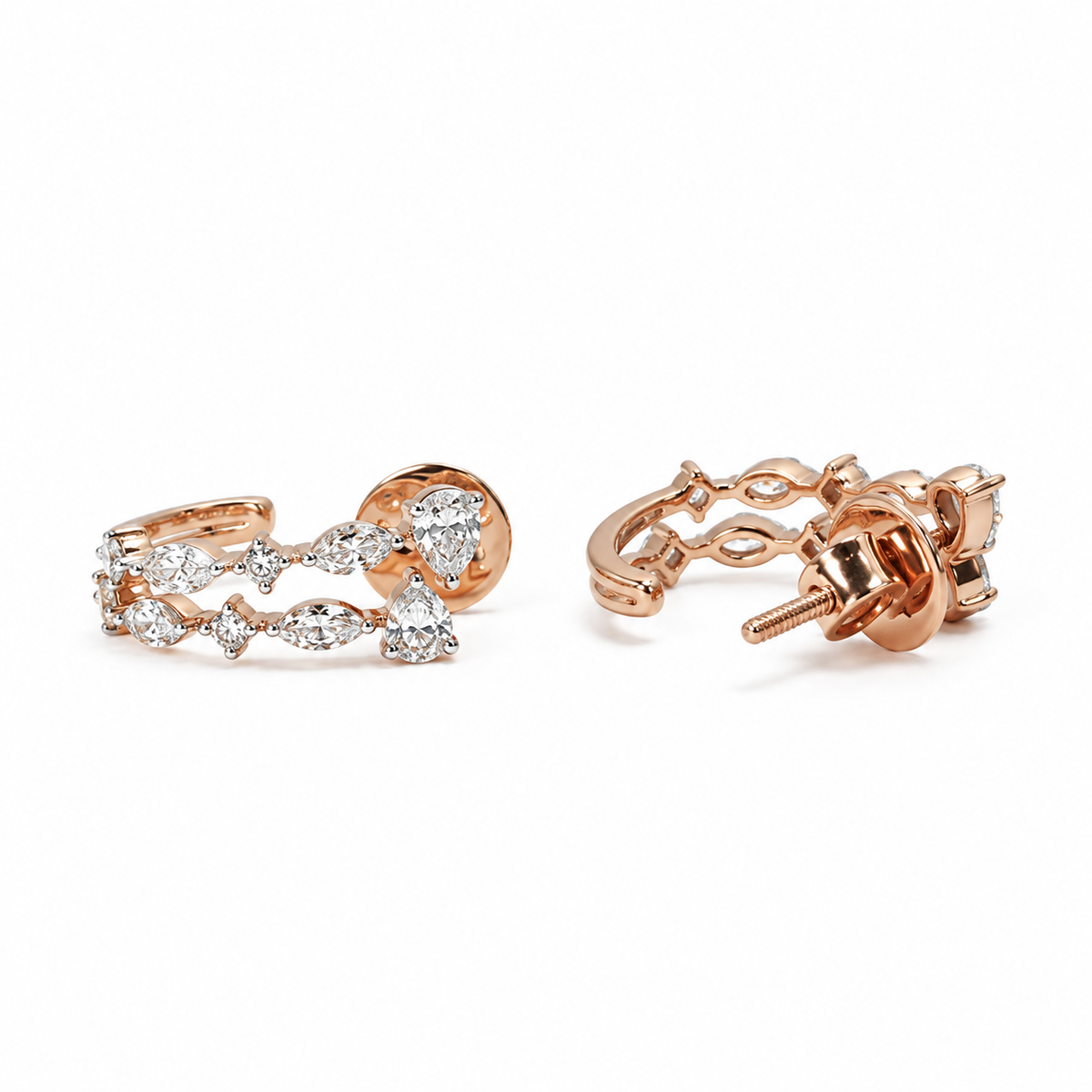 A pair of rose gold diamond hoops with leaf shaped marquise stones, small round accents and a double row open design