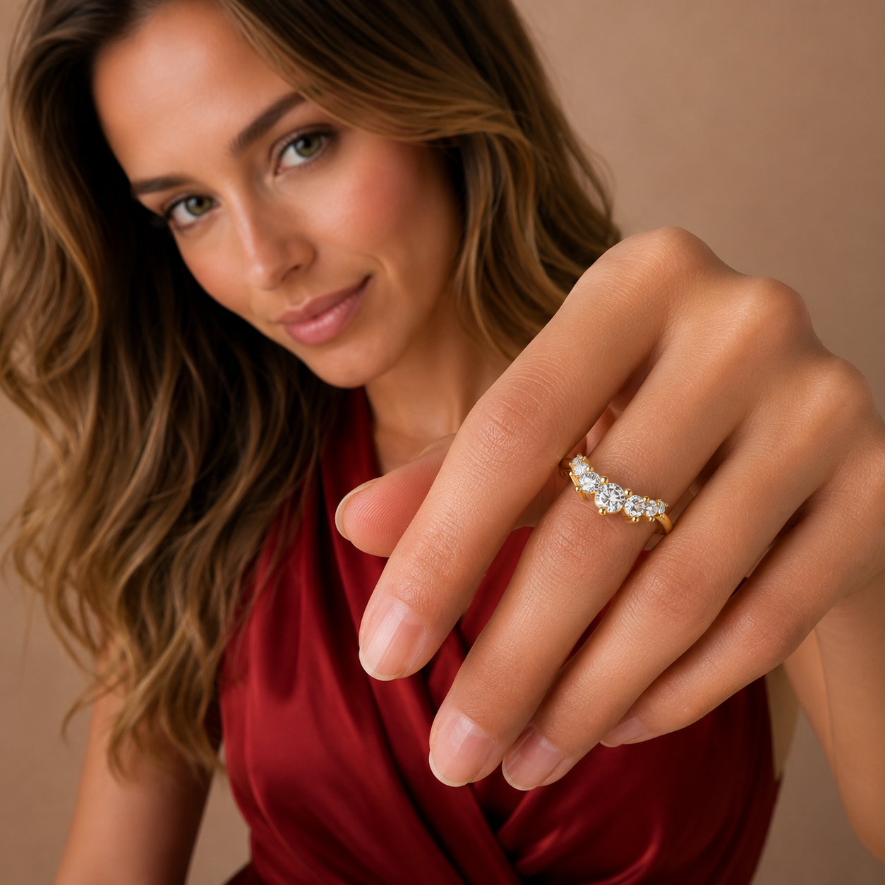 A close-up lifestyle shot of a woman wearing a yellow gold ring with a row of clear cubic zirconia stones on her ring finger, set against a warm beige background.