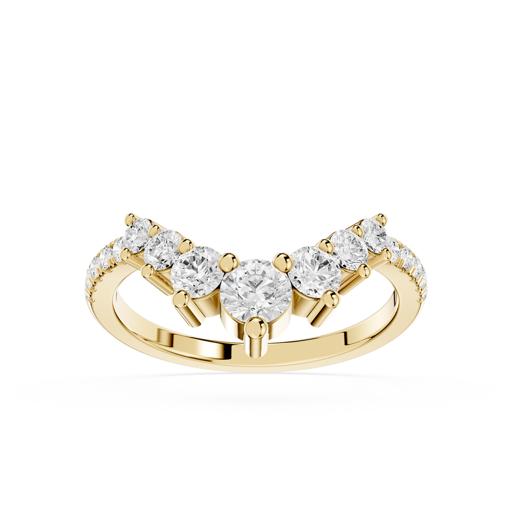 Gold ring with clear gemstones on a white background