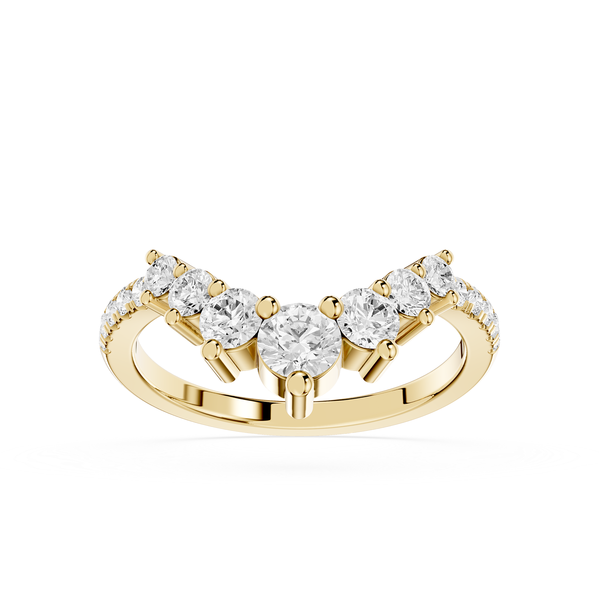 Gold ring with clear gemstones on a white background