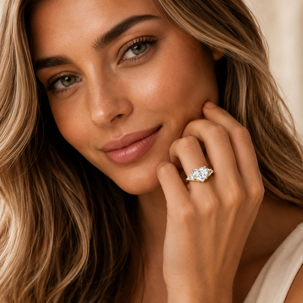 Woman wearing a diamond ring with a neutral background