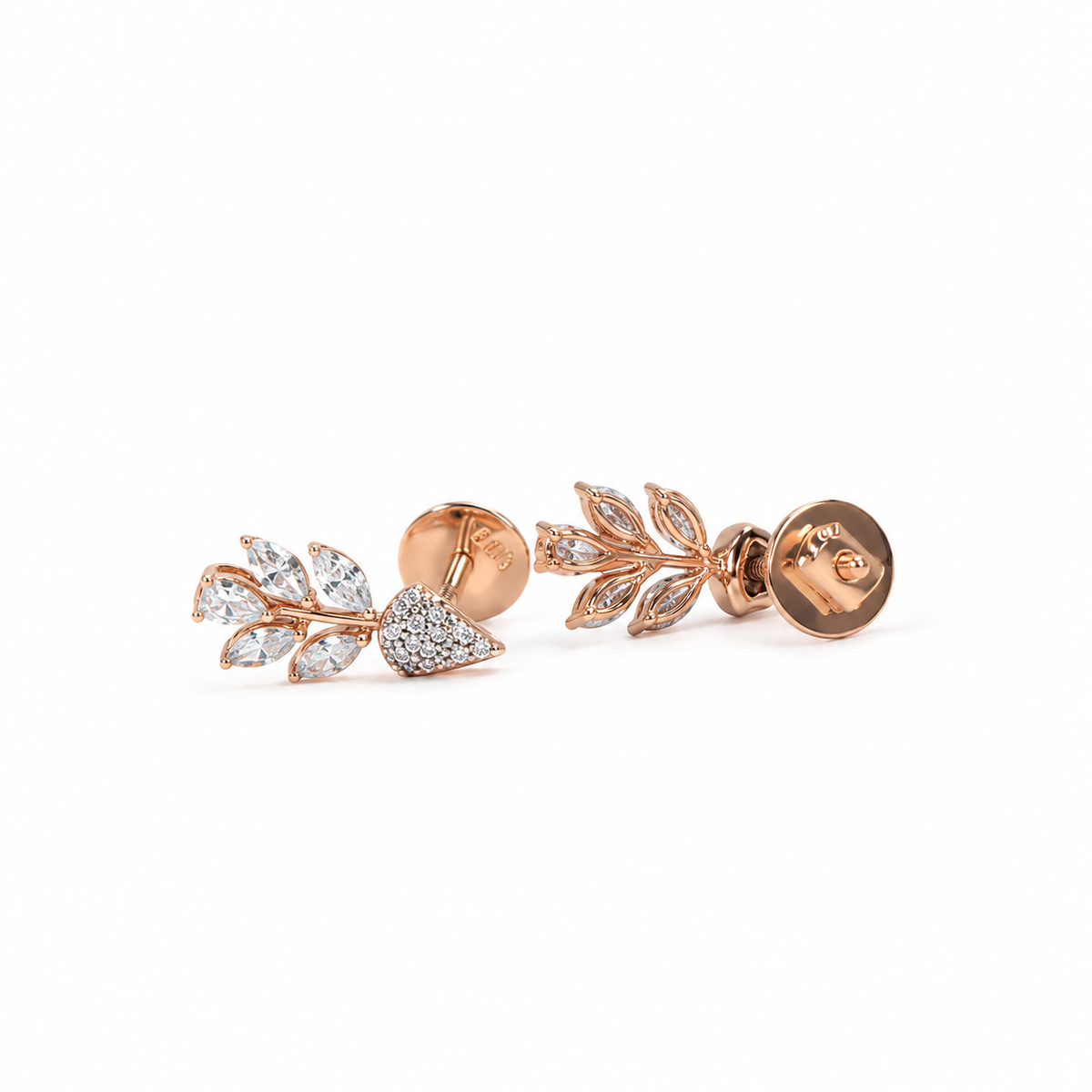 Leaf inspired lab diamond dangle earrings in rose gold with prong set marquise stones and round pavé diamond accents