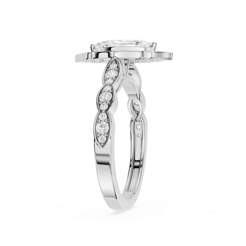 Silver ring with diamond accents on a white background