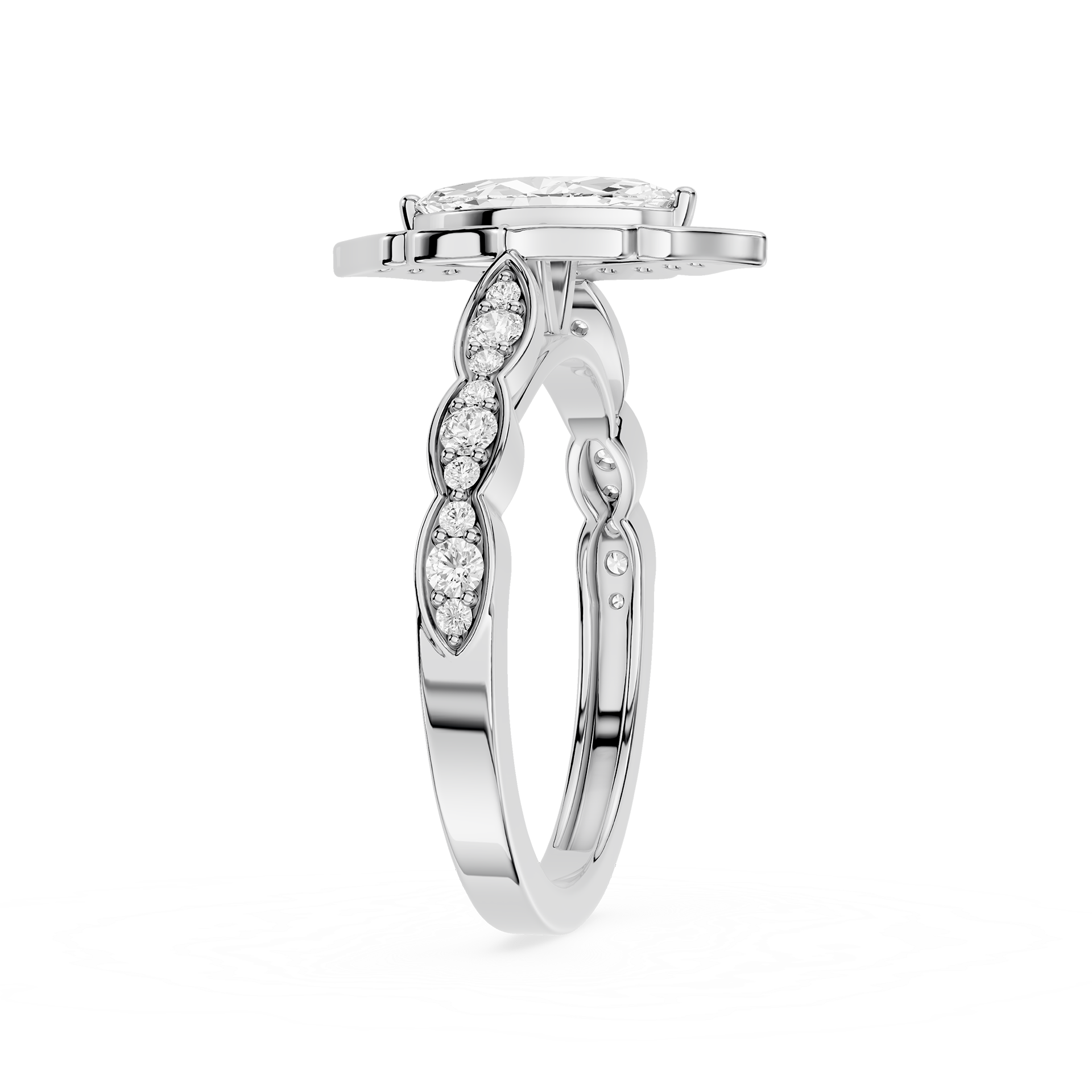 Silver ring with diamond accents on a white background