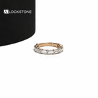 Rose gold baguette cut lab grown diamond wedding band featuring horizontally set rectangular diamonds in prong settings