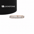 Rose gold multi shape lab grown diamond wedding band featuring alternating heart, emerald and round cut bezel set diamonds