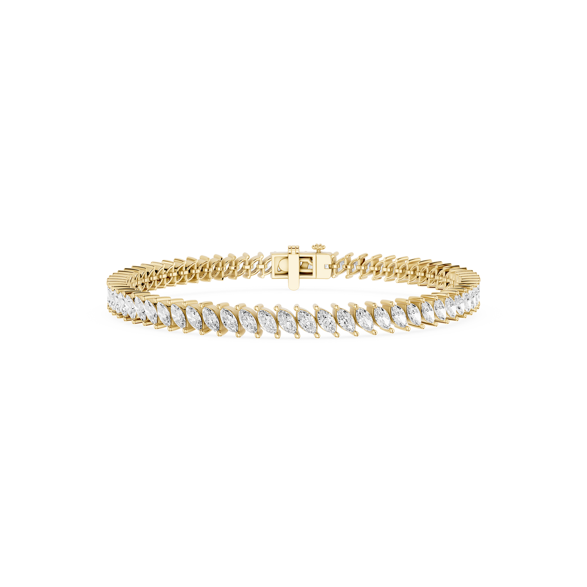 Marquise cut lab grown diamond tennis bracelet in yellow gold with secure box clasp