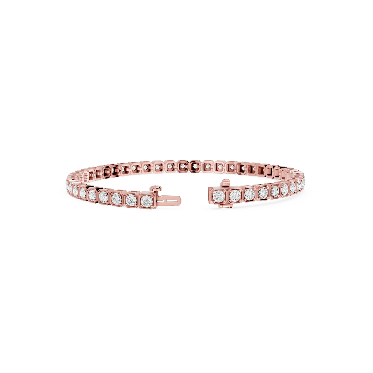 Round Cut Lab Grown Diamond Tennis Bracelet in Rose Gold with Open Box Clasp View