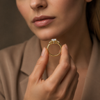 A close-up lifestyle shot of a woman holding a gold ring with a clear gemstone between her fingers. She is wearing a beige blazer, and the background is a soft, warm brown.