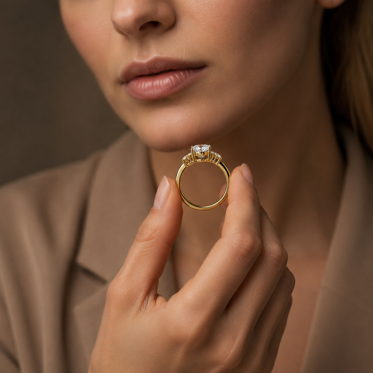 A close-up lifestyle shot of a woman holding a gold ring with a clear gemstone between her fingers. She is wearing a beige blazer, and the background is a soft, warm brown.