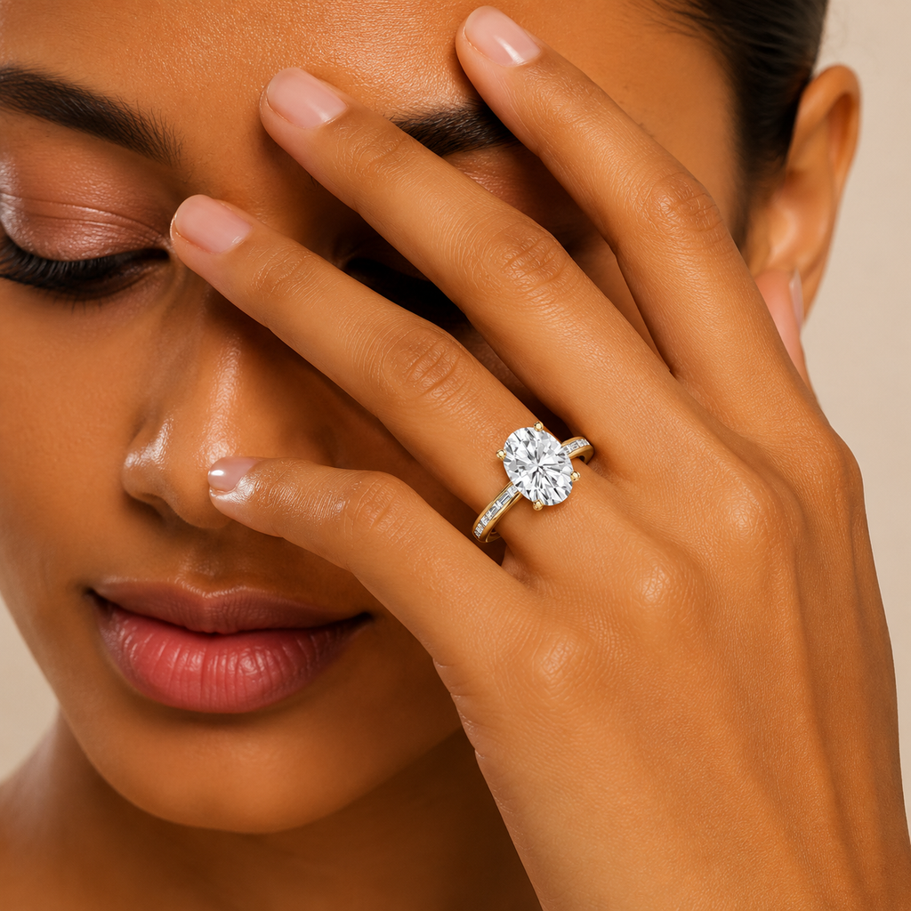 Model Wearing a Oval Cut Lab Grown Diamond Baguette Ring