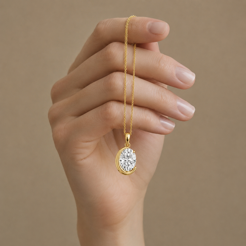 Oval Cut Lab Grown Diamond Crescent Pendant