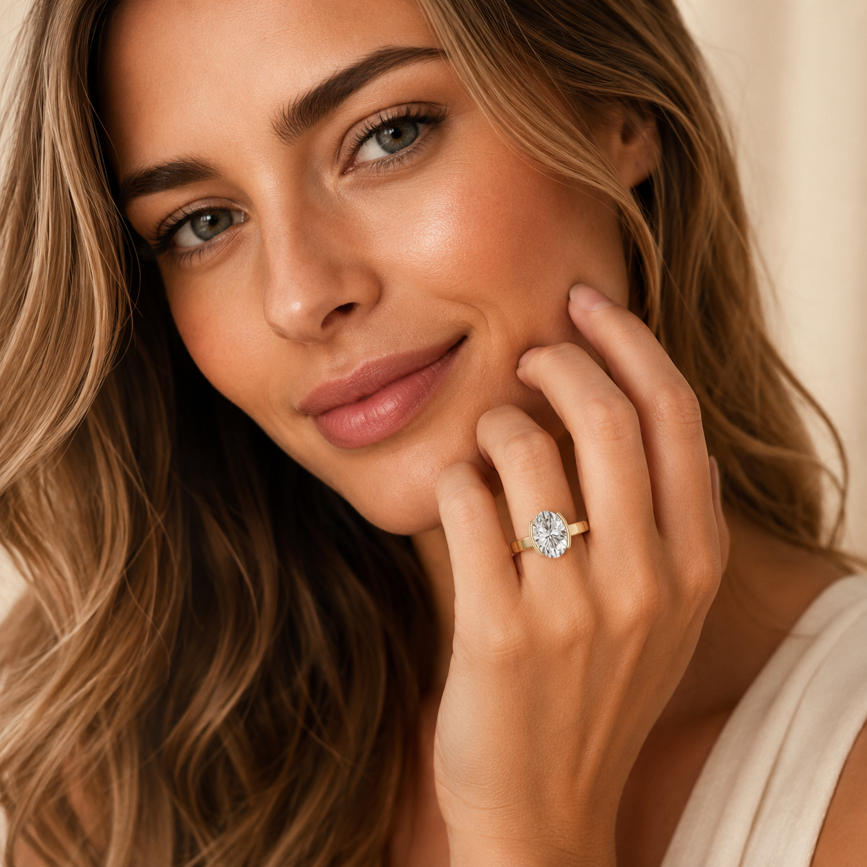 Woman wearing a diamond ring with a soft focus background