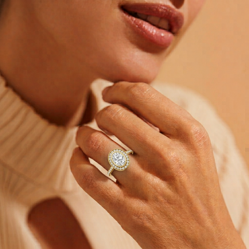 Close-up of a hand wearing a diamond ring with a soft background