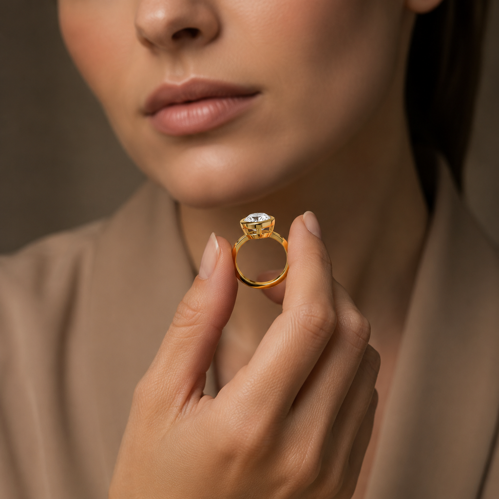 A close-up lifestyle shot of a woman holding a gold ring with a large clear marquise-cut gemstone between her fingers. The background is a soft, warm, out-of-focus brown.