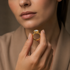 A close-up lifestyle shot of a woman holding a gold ring with a large clear marquise-cut gemstone between her fingers. The background is a soft, warm, out-of-focus brown.