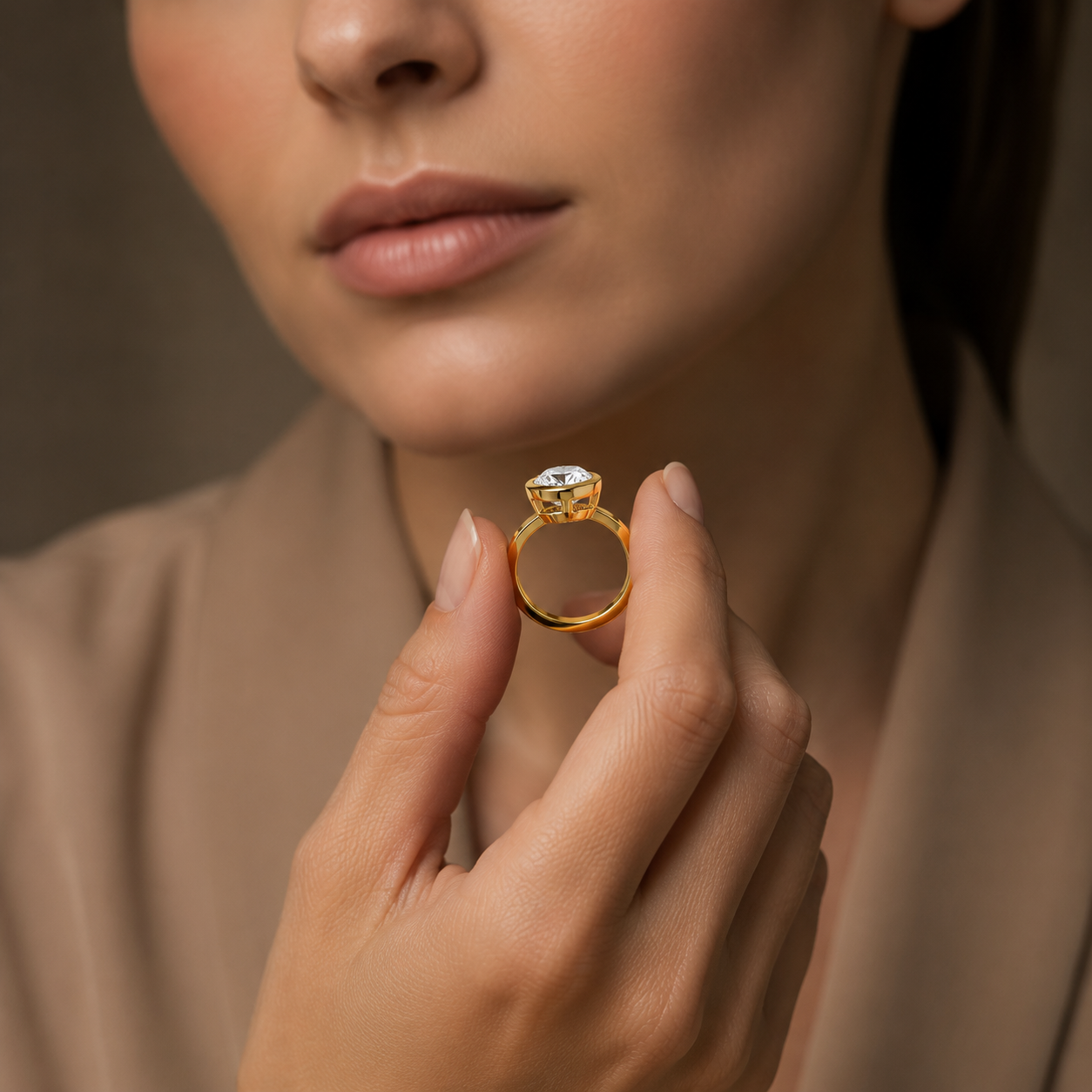 A close-up lifestyle shot of a woman holding a gold ring with a large clear marquise-cut gemstone between her fingers. The background is a soft, warm, out-of-focus brown.