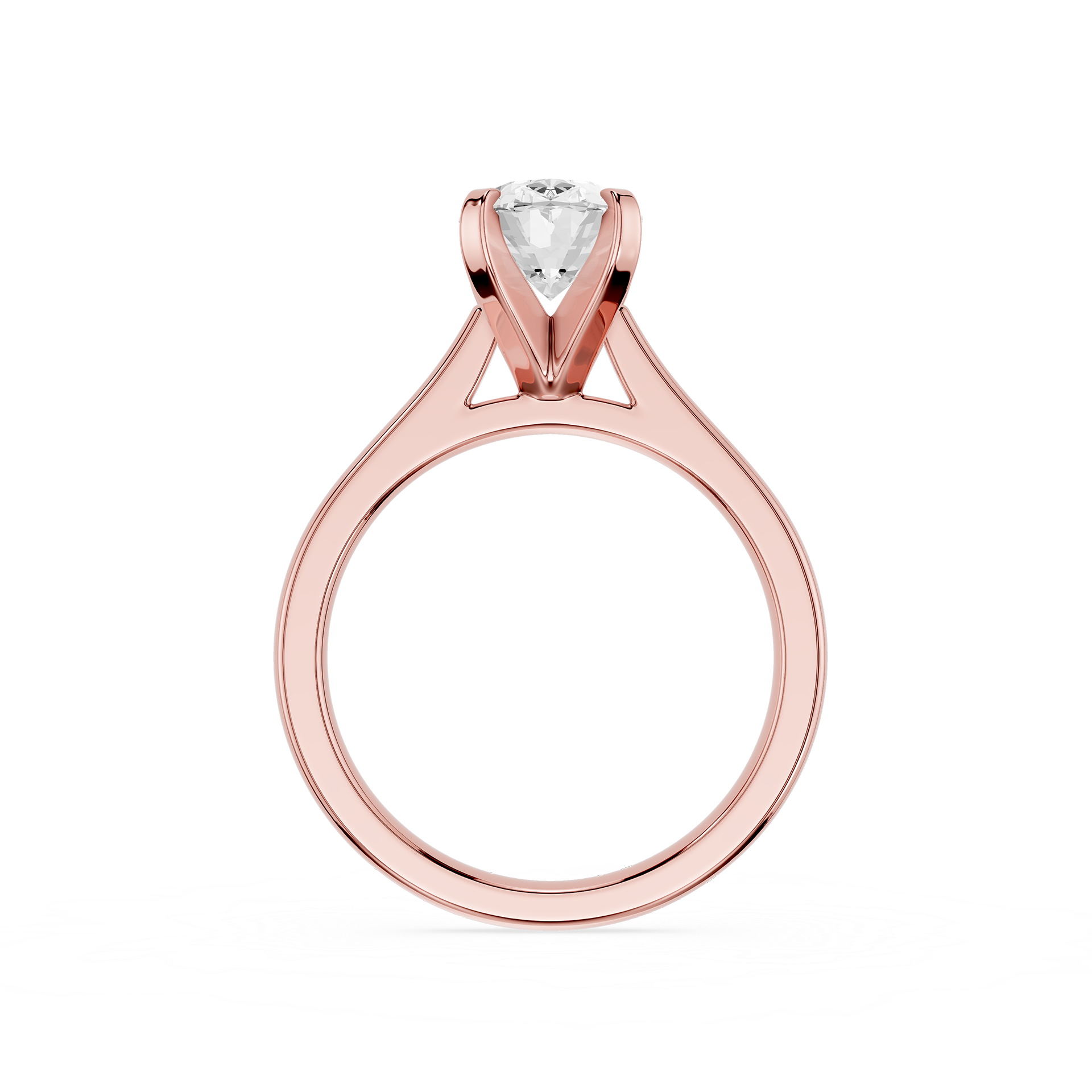Rose gold ring with a diamond on a white background