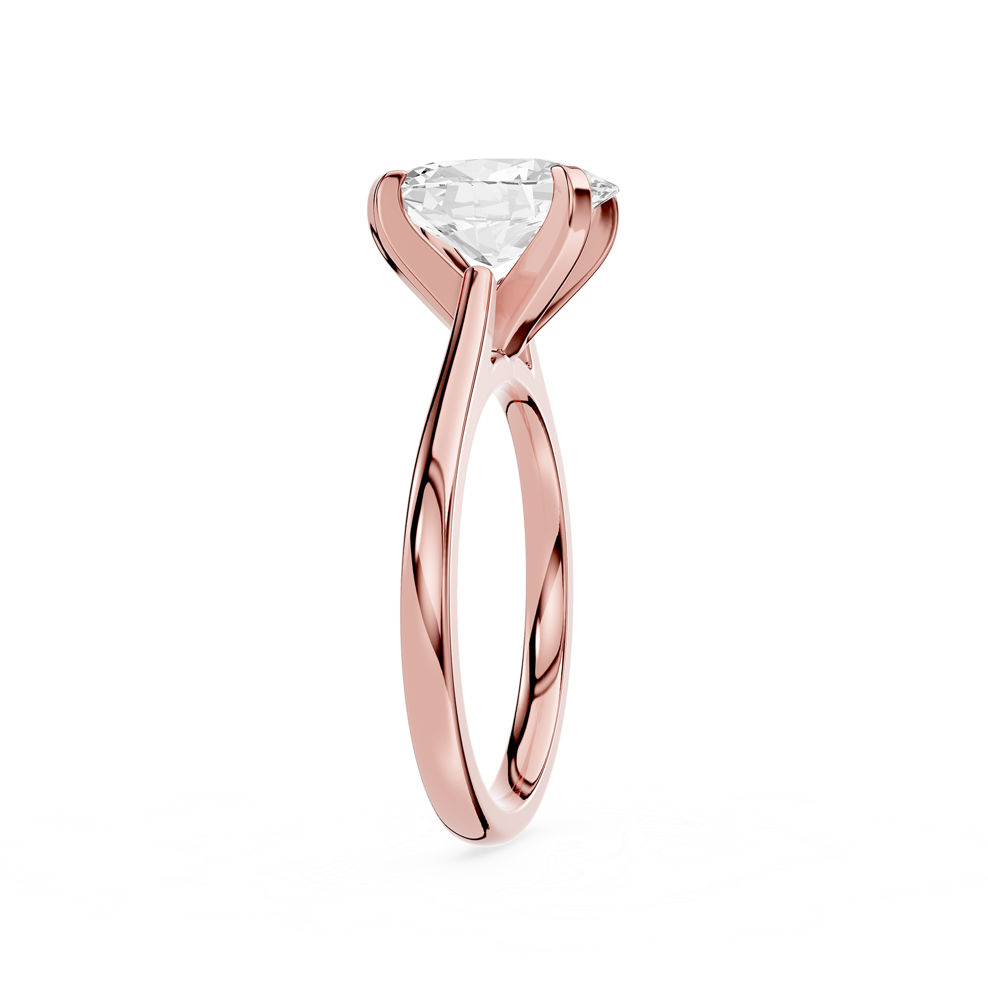 Rose gold ring with a clear gemstone on a white background
