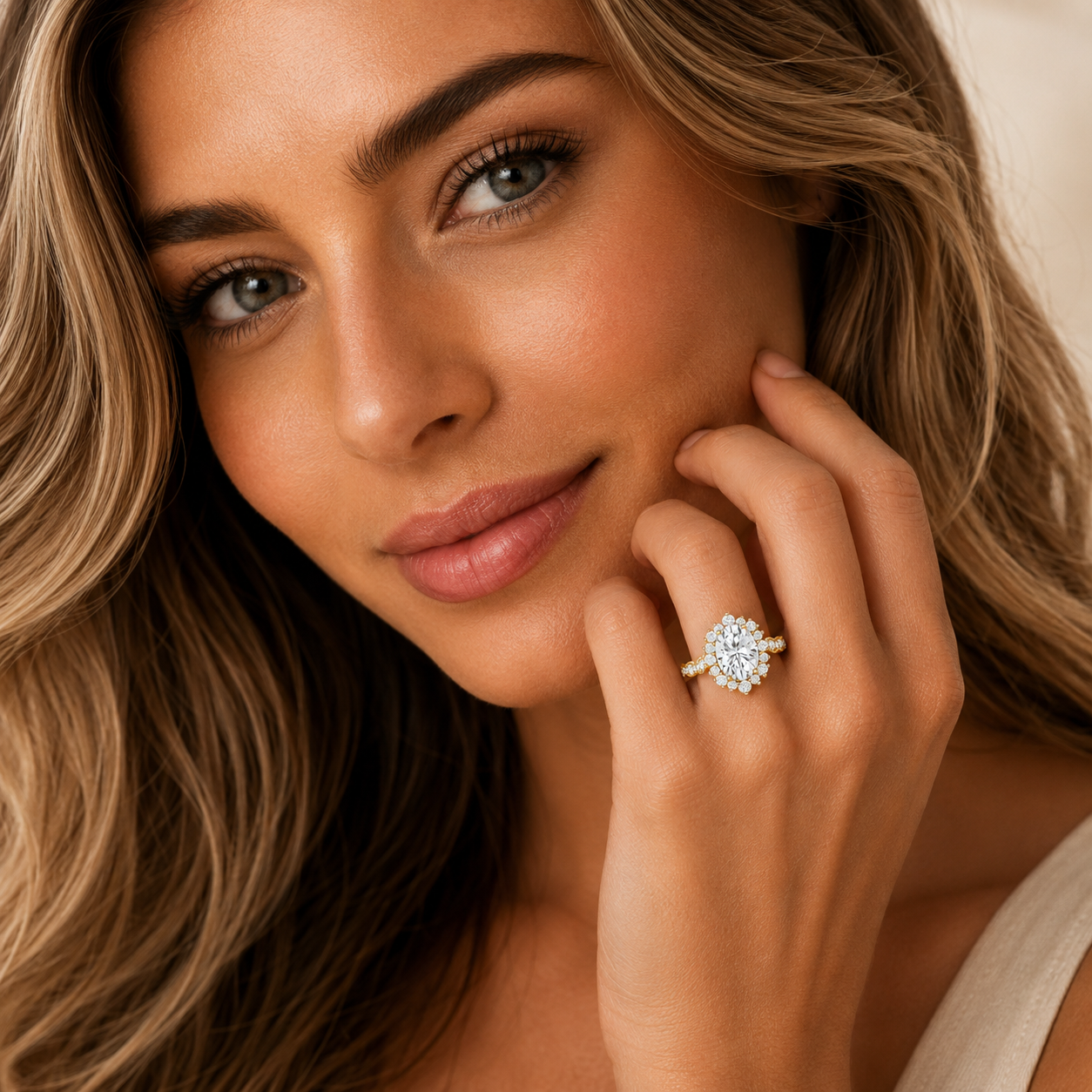 Woman wearing a diamond ring with a soft focus background