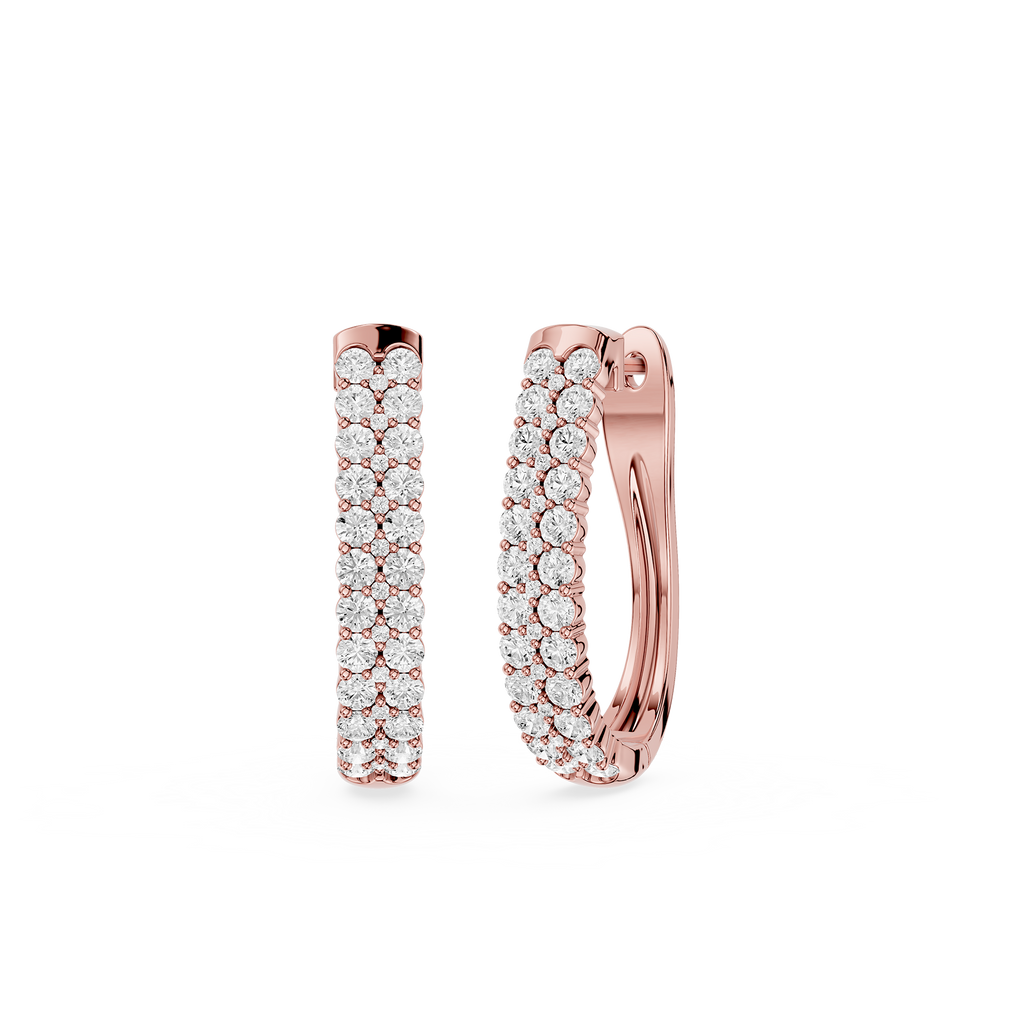 Rose gold hoop earrings with diamond accents on a white background