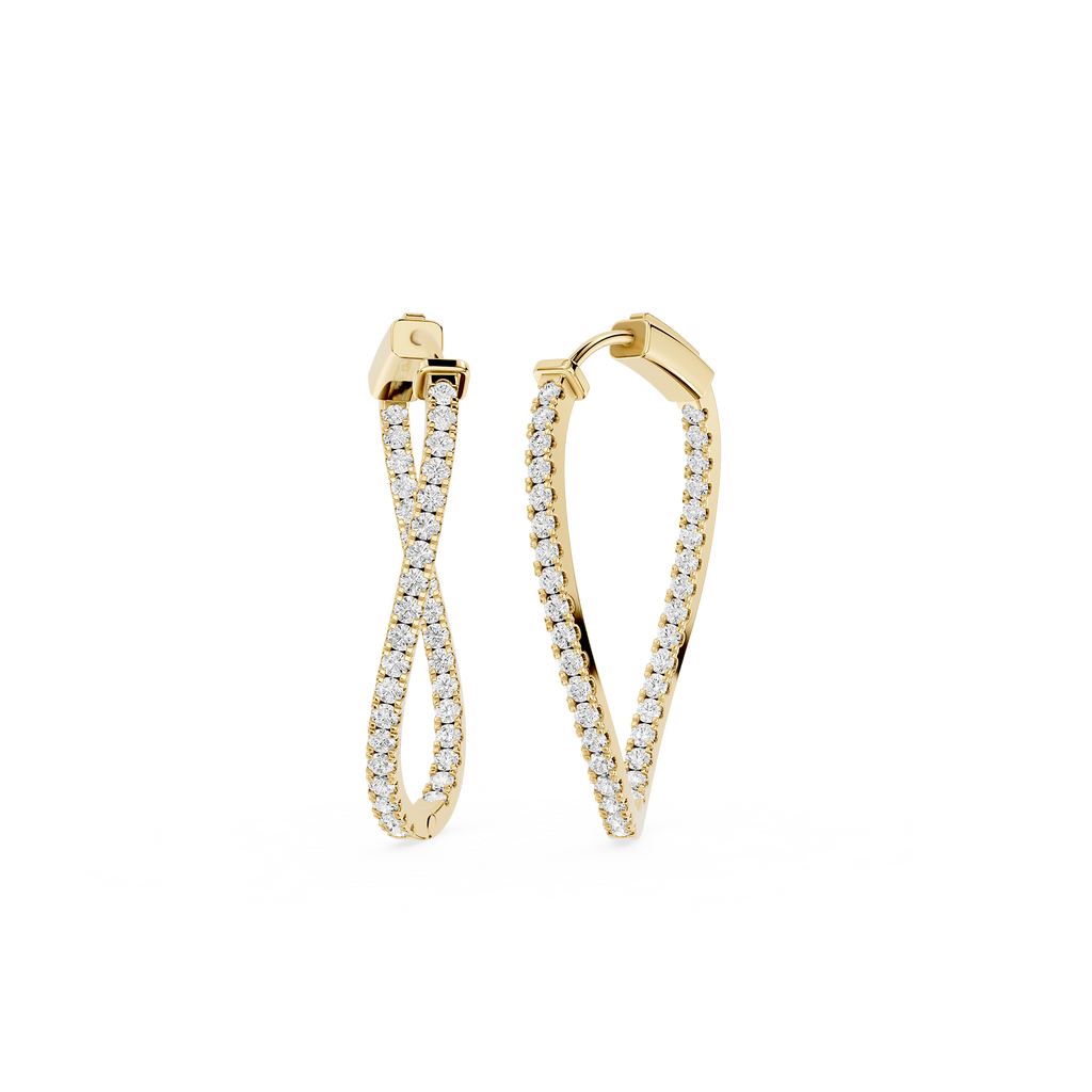Gold hoop earrings with diamond accents on a white background