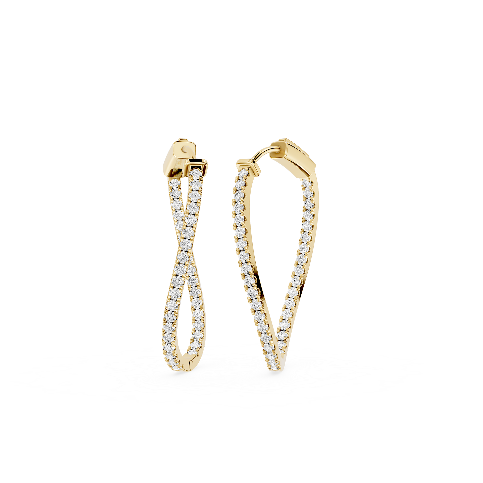 Gold hoop earrings with diamond accents on a white background