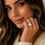 Close-up of a woman wearing a diamond ring with a neutral background