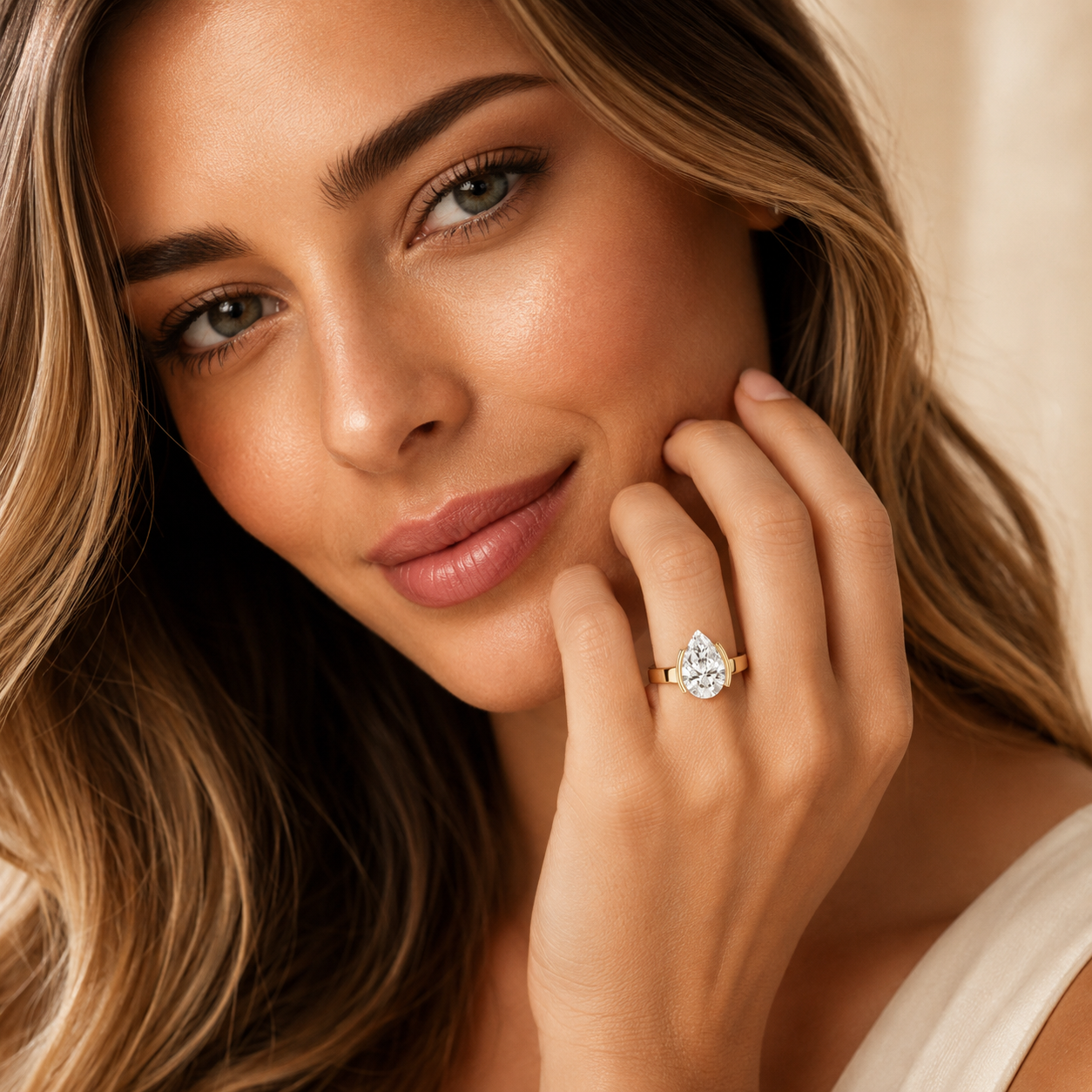 Woman wearing a diamond ring with a soft focus background