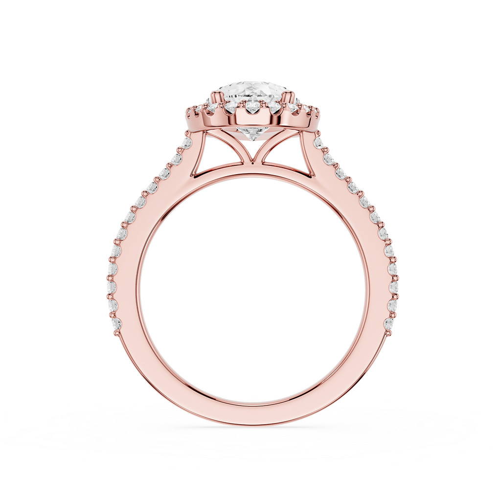 Rose gold ring with diamond accents on a white background