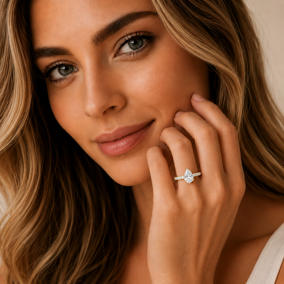 Woman wearing a Pear Cut Lab Grown Diamond Hidden Halo Pave Engagement Ring with a soft focus background