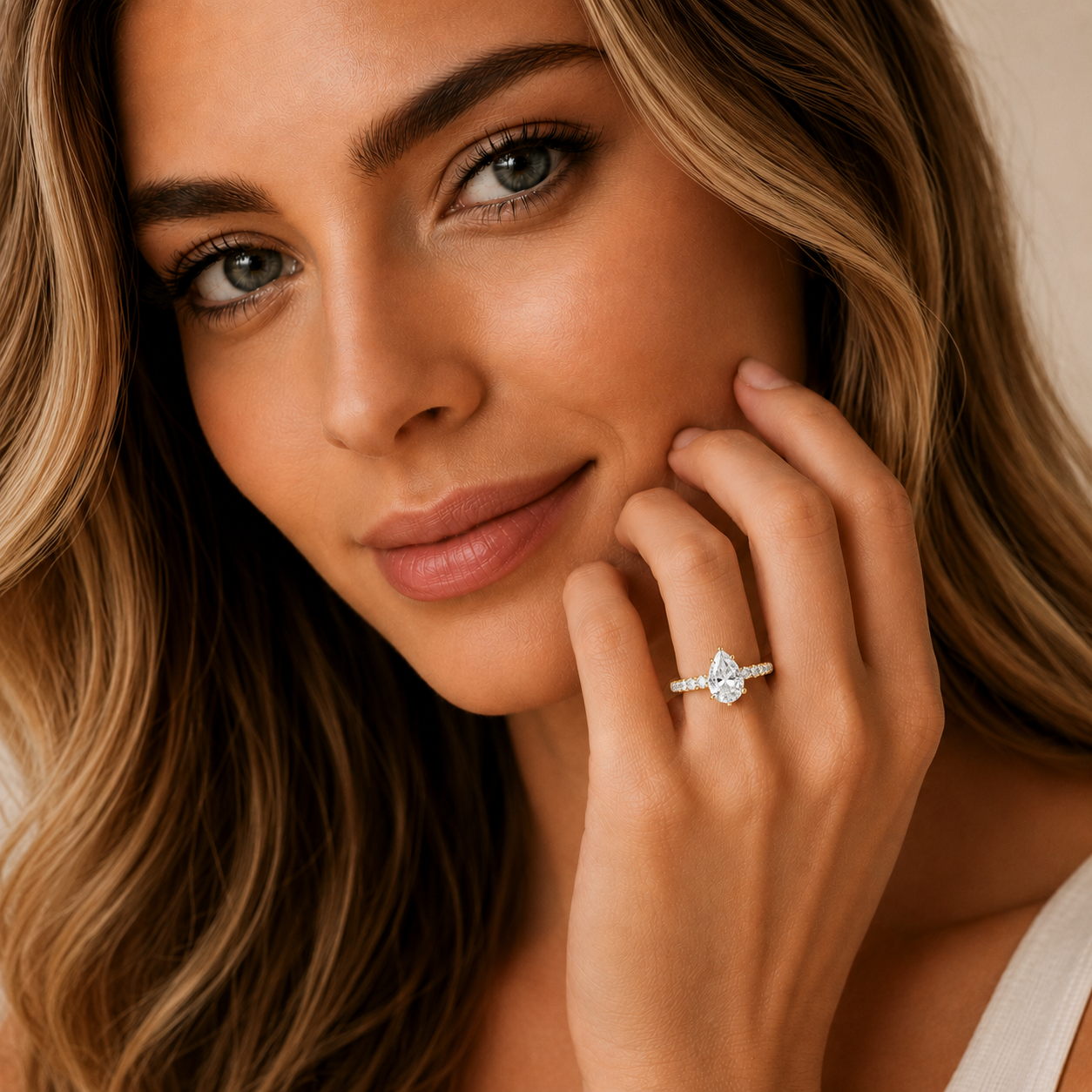 Woman wearing a diamond ring with a soft focus background