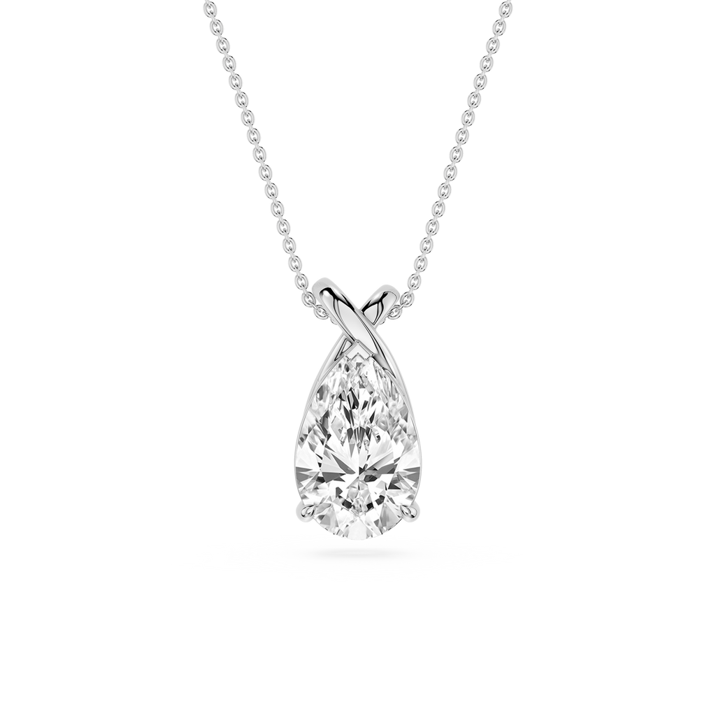 Teardrop-shaped diamond pendant on a white background