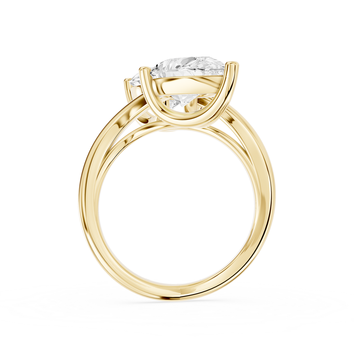 Back view Of Pear diamond two stone engagement ring in yellow gold showcasing prong set diamonds and a curved crossover band