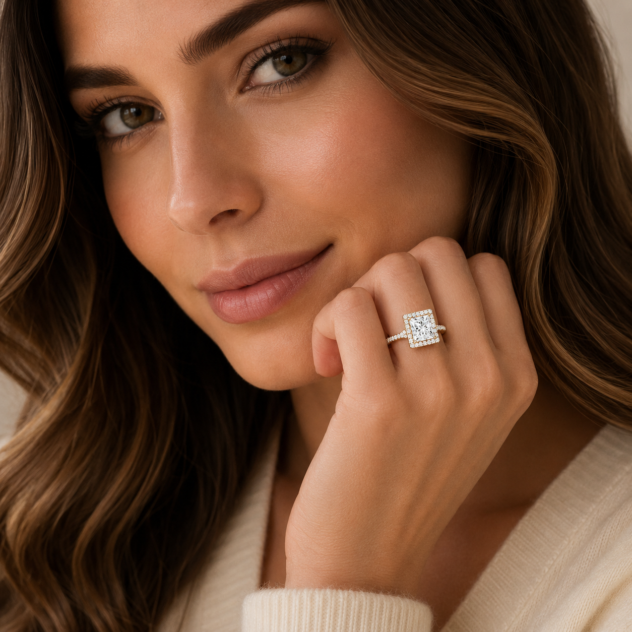 Woman wearing a diamond ring with a neutral background