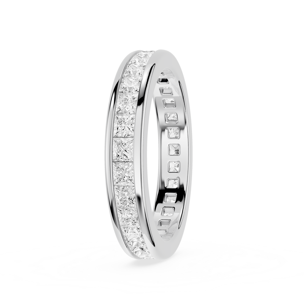 Silver ring with embedded diamonds on a white background